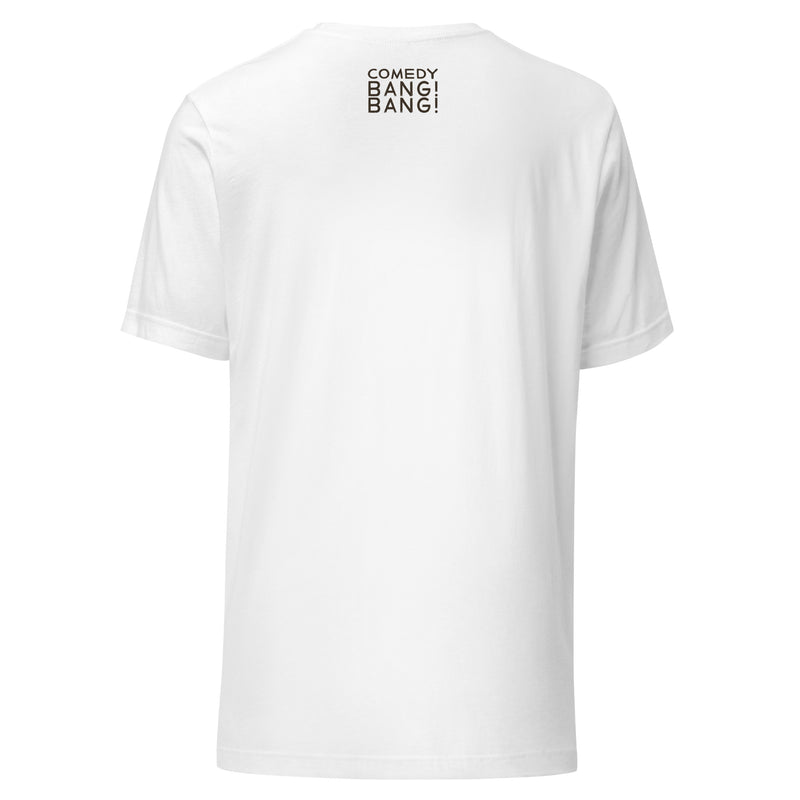 The back view of a white t-shirt featuring a small black 'COMEDY BANG! BANG!' logo printed at the upper center of the back.