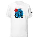 White t-shirt featuring a graphic of motor mouth riding a motorcycle with colorful circular accents in the background.