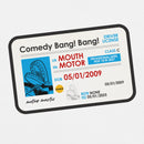 A detailed close-up of the license-style graphic printed on the shirt, showing 'Comedy Bang! Bang!' as the issuing authority, 'Mouth' as the last name, 'Motor' as the first name, and the illustrated chatter teeth photo ID.