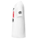 White t-shirt featuring bold red and black text, with Busted Open logo on the sleeve.