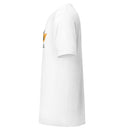 side view of a white t-shirt with a graphic design on the front