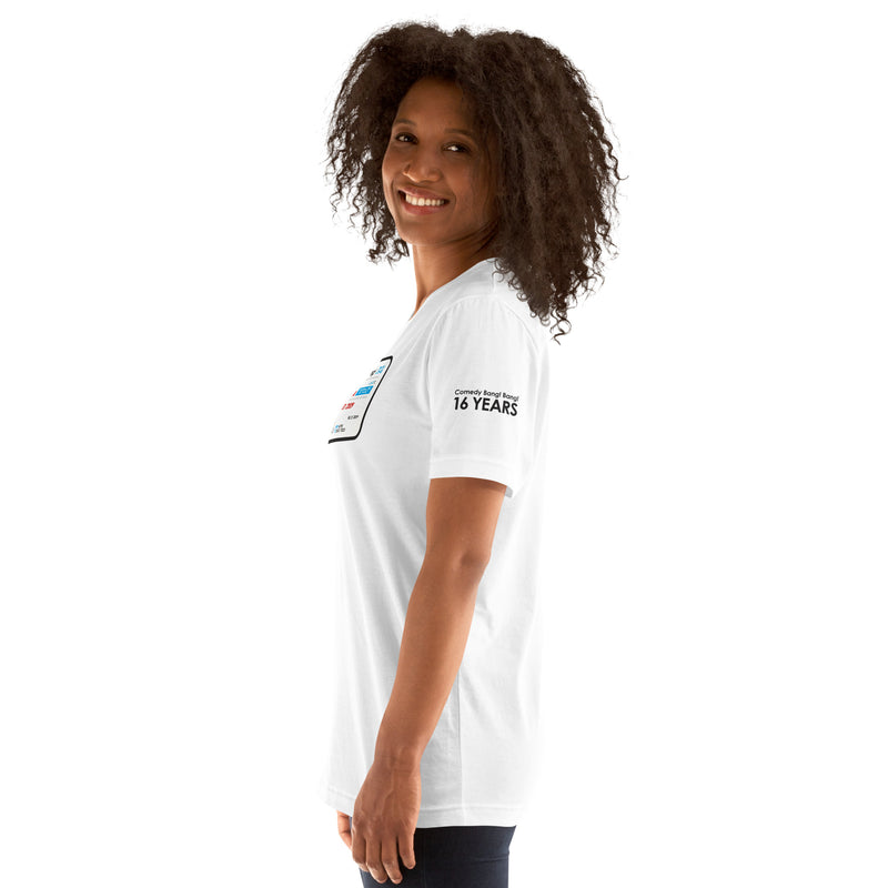 A woman wearing a white t-shirt with the novelty license graphic partially visible on the front and the sleeve text 'Comedy Bang! Bang! 16 YEARS' visible from the side.