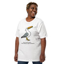 A smiling woman wearing a white t-shirt with a cartoon seagull eating a sandwich and the caption 'ASS UP, NECK BACK… THAT’S THE WAY I LIKE TO SNACK!' printed below.