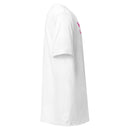 White t-shirt displayed from the side with pink text on the front.