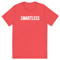 Red t-shirt featuring the word SMARTLESS in bold, distressed white letters.