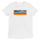 T-shirt featuring the word 'SMARTLESS' above colorful horizontal stripes in blue, red, orange, yellow, and on a white background.