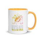 White mug with a yellow interior featuring hands holding a planet and the text 'Stars and Stars with Isa'.