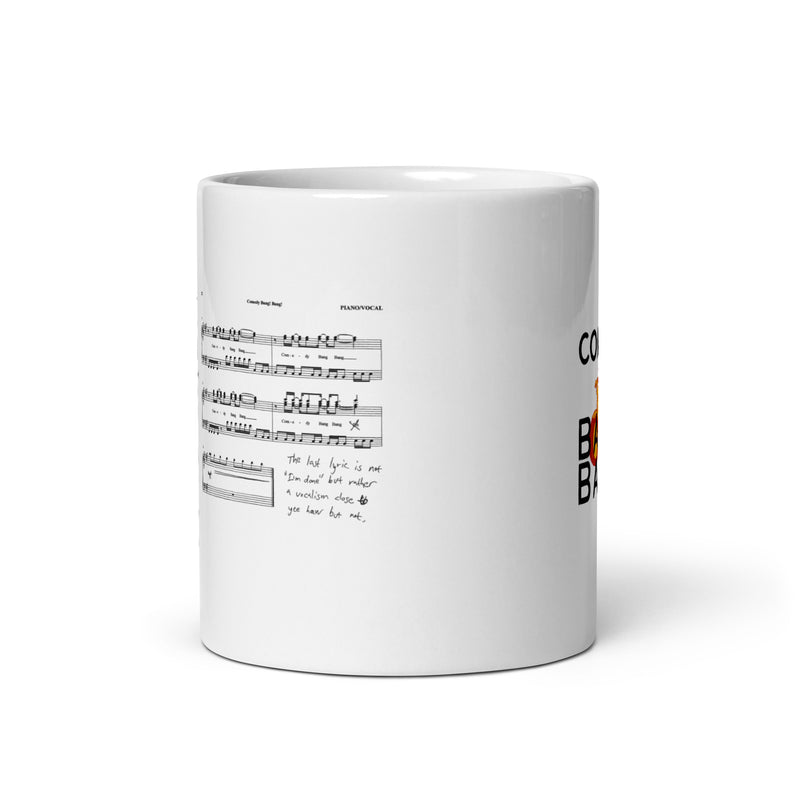 White coffee mug featuring the logo 'Comedy Bang Bang' with a colorful graphic design.