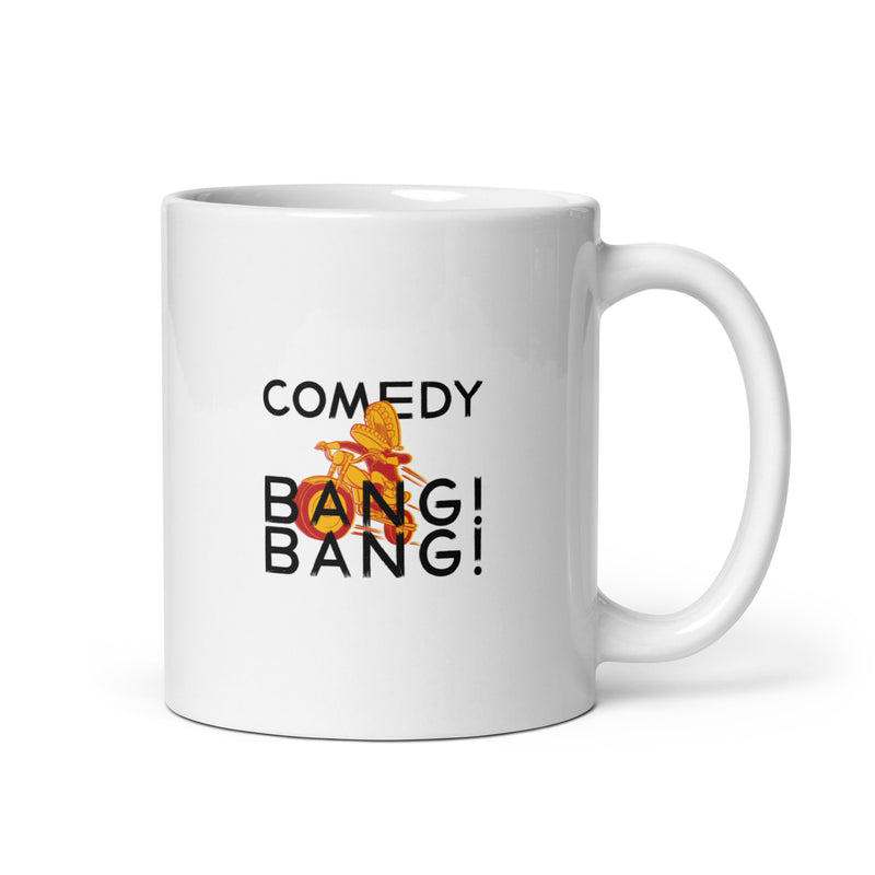 White coffee mug featuring the logo 'Comedy Bang Bang' with a colorful graphic design.