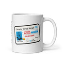 A white ceramic mug featuring a novelty license graphic labeled 'Comedy Bang! Bang!', with the name 'Motor Mouth' and a birthdate of '05/01/2009', alongside a blue illustration of wind-up chatter teeth.