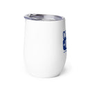 Side view of insulated white tumbler with partially visible front logo and transparent lid, designed for hot or cold beverages.