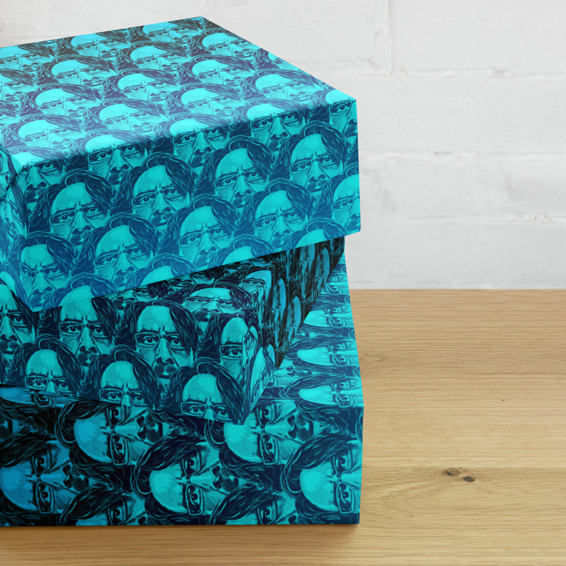 Colorful gift boxes wrapped in a pattern featuring repeated faces with glasses and long hair against a blue background.