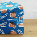 Wrapping paper design featuring repeated images of Rob Lowe’s profile with the word 'LITERALLY' on a blue striped background.