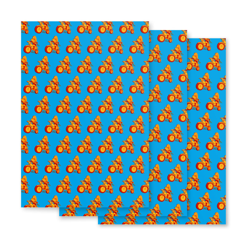 Blue wrapping paper featuring a 'Comedy Bang! Bang!' logo.