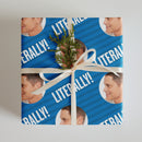 Wrapping paper design featuring repeated images of Rob Lowe’s profile with the word 'LITERALLY' on a blue striped background.