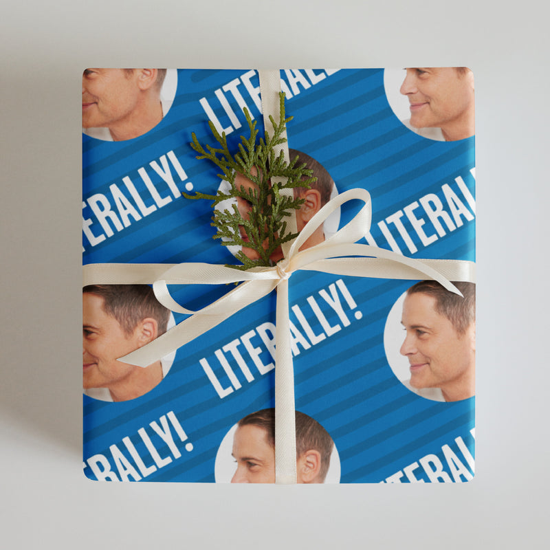 Wrapping paper design featuring repeated images of Rob Lowe’s profile with the word 'LITERALLY' on a blue striped background.