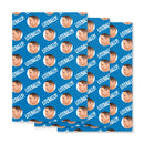 Wrapping paper design featuring repeated images of Rob Lowe’s profile with the word 'LITERALLY' on a blue striped background.