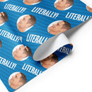 Wrapping paper design featuring repeated images of Rob Lowe’s profile with the word 'LITERALLY' on a blue striped background.