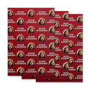 Wrapping paper featuring a woman with a halo, text reads 'SCAM GODDESS' on a red background.
