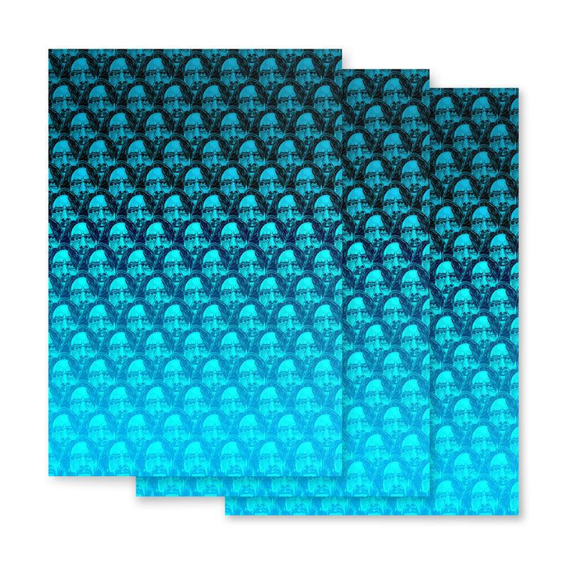 A pattern of repeating faces in blue tones with a gradient effect fading to lighter shades.