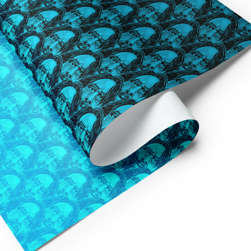 Colorful wrapping paper featuring repeated abstract faces in blue tones.