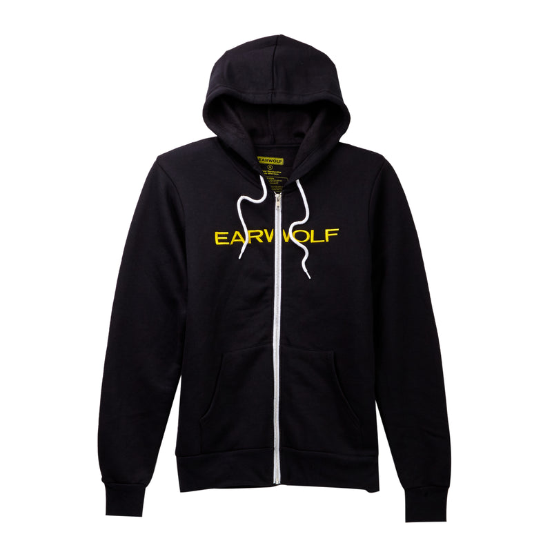 Black zip-up hoodie with yellow 'EARWOLF' logo on chest and white drawstrings, designed for comfort and style.