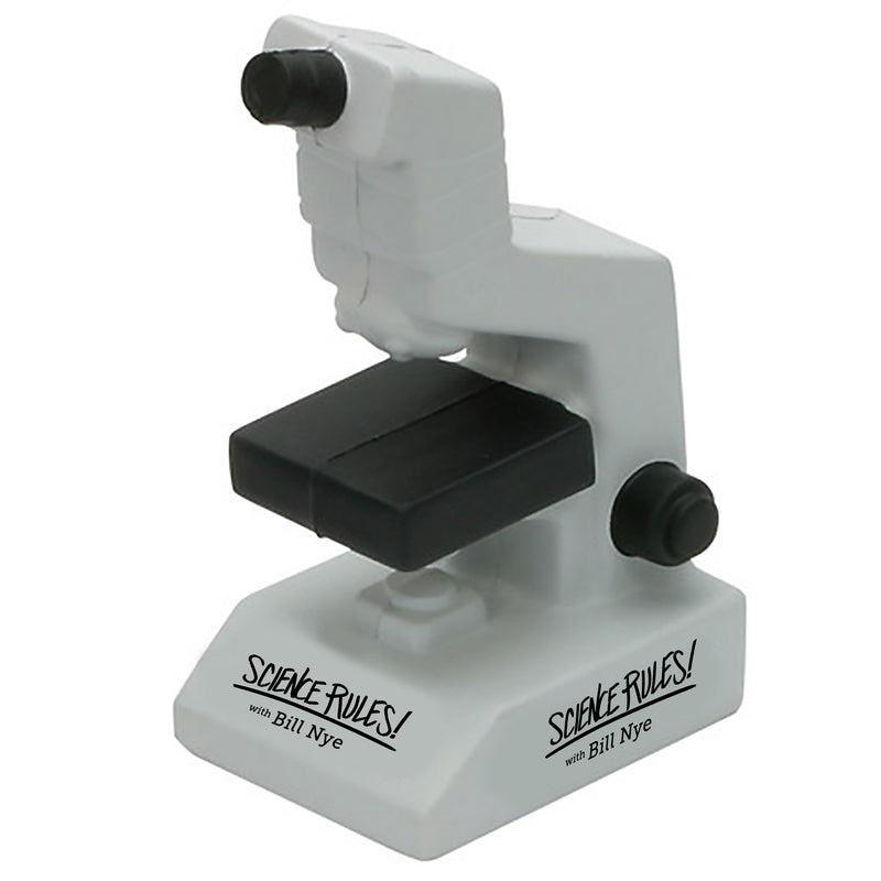 Foam microscope squishy toy with text 'Science Rules! with Bill Nye' on the base in black lettering.