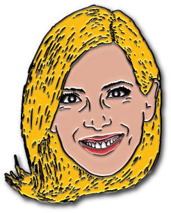 Cartoonish illustrative June Diane enamel pin with blonde hair and a bright smile.