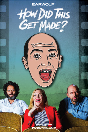 Enamel pin of cartoonish illustration of Paul Scheer on a backing card featuring the 'How Did This Get Made?' album art and logo.