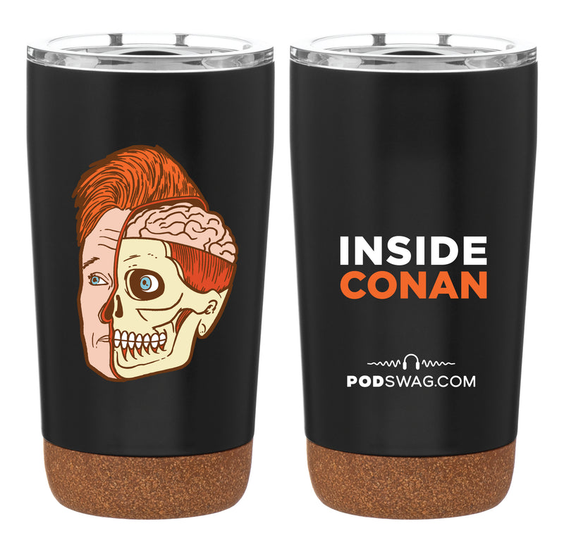 Black tumbler featuring a split design of a humorous face and skull with "INSIDE CONAN" text and cork bottom.