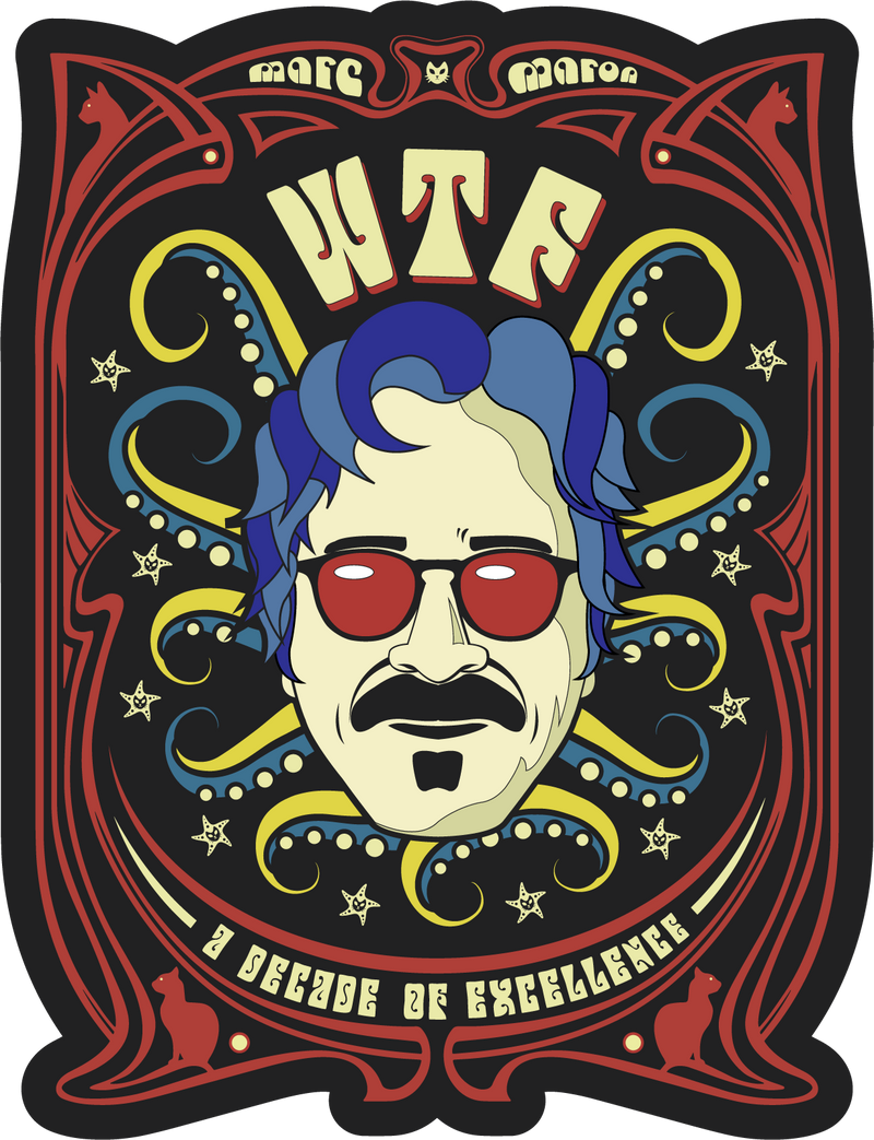 Sticker of an artistic design featuring a man with blue hair and sunglasses, surrounded by vibrant swirls and stars with colorful text reading 'WTF' and 'A Decade of Excellence.'