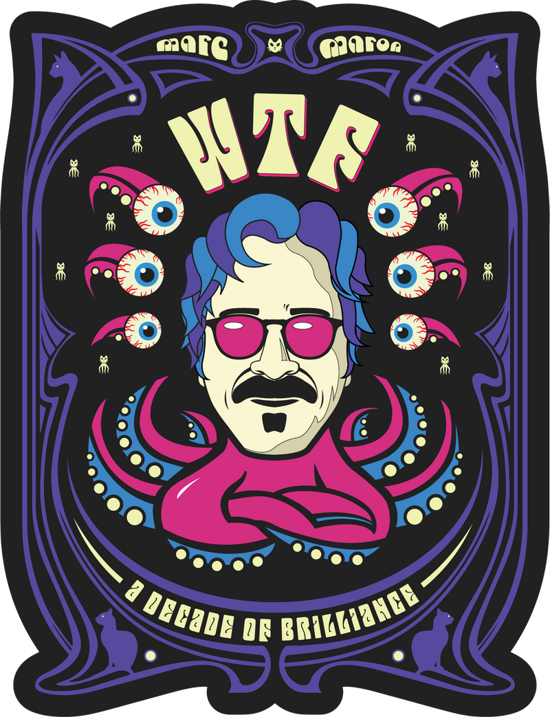 Sticker featuring an octopus with a human head with colorful text reading 'WTF' and 'A Decade of Brilliance.'