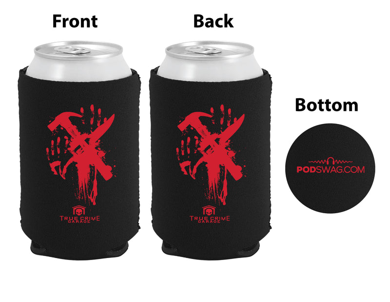 Black can cooler featuring red graphic artwork, 'True Crime Garage' logo, and 'Podswag' branding.