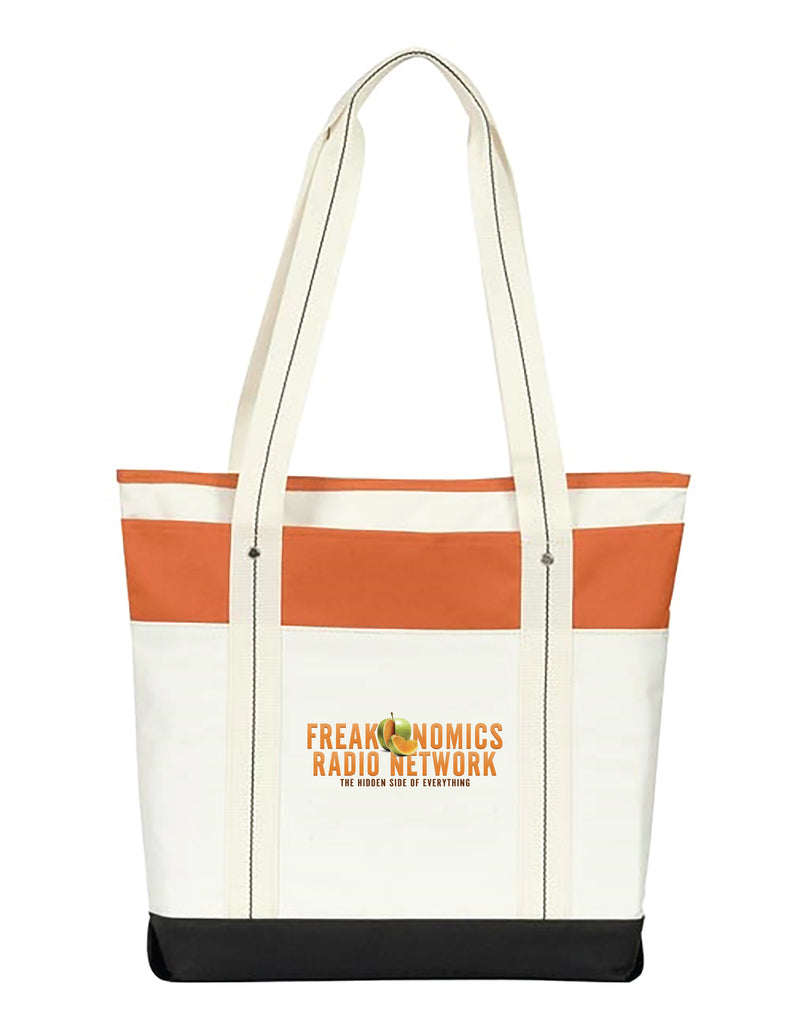 Tote bag with orange and cream stripes featuring 'Freakonomics Radio Network' logo.