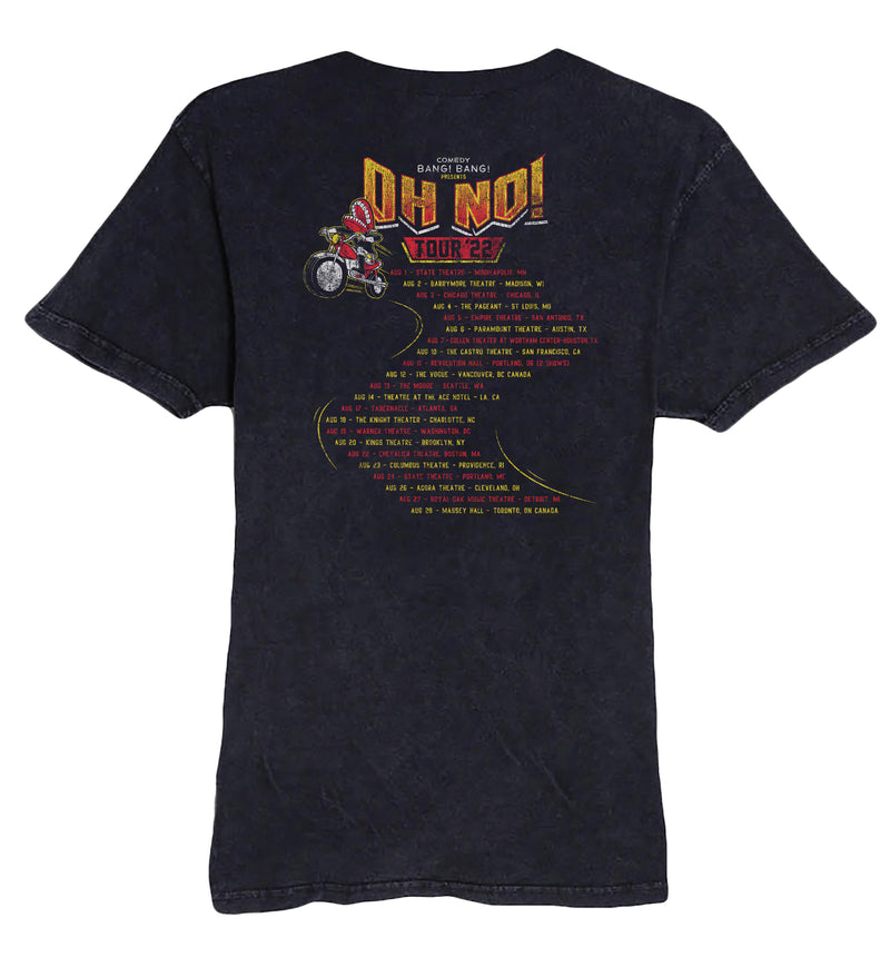 Black t-shirt featuring 'Oh No!' tour dates and graphic with a character on a motorcycle.