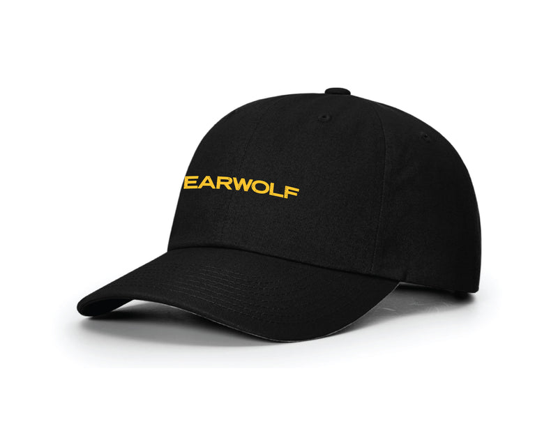 Black baseball cap featuring yellow 'EARWOLF' text on the front.