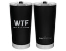 Black travel tumbler featuring 'WTF with Marc Maron' and 'PodSwag' branding.