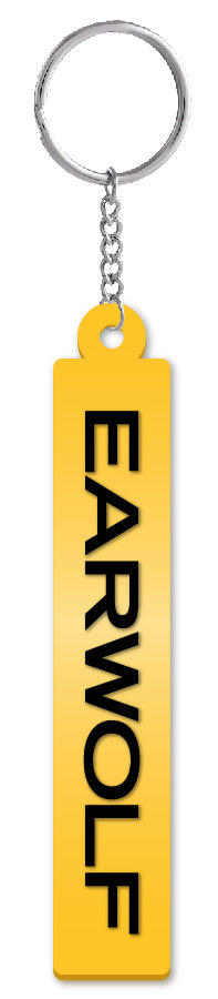 Yellow keychain with the word 'EARWOLF' printed in black vertically.