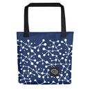 Navy tote bag with white abstract network design and a small black patch featuring a brain illustration.