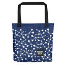 tote bag with a navy blue background and white abstract pattern, featuring the 'Hidden Brain' logo in the lower corner