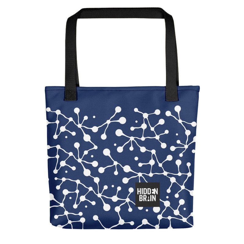 tote bag with a navy blue background and white abstract pattern, featuring the 'Hidden Brain' logo in the lower corner
