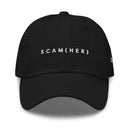 Black baseball cap with the text 'SCAM(HER)' in white embroidery on the front.
