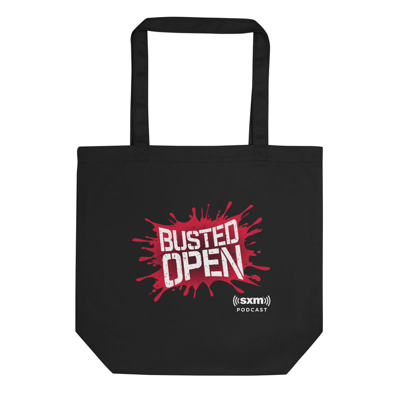 Black tote bag featuring "BUSTED OPEN" text with red splatter and 'SXM podcast' logo.