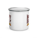 enamel camping mug with a logo featuring the name and microphone design, on a white background. View opposite handle.