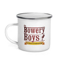 enamel mug featuring 'Bowery Boys' logo celebrating 15 years of podcasting