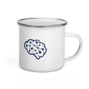 white enamel mug featuring a blue brain graphic design