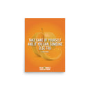 Orange background with a sliced orange and quote by Stephen Dubner about self-care and helping others.