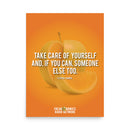 Image featuring a sliced fruit with a quote from Stephen Dubner about self-care and helping others.