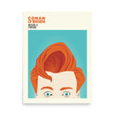 Illustration of Conan O'Brien with orange hair and blue eyes, featuring text about Conan O'Brien's podcast.