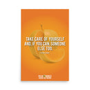 Quote by Stephen Dubner on caring for oneself and others, with a visual of a sliced fruit against an orange background.